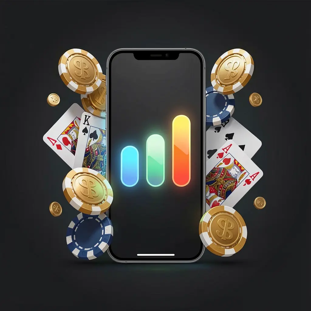 G880 casino app installation on smartphone with glowing progress bar, surrounded by coins, chips, and cards on dark background