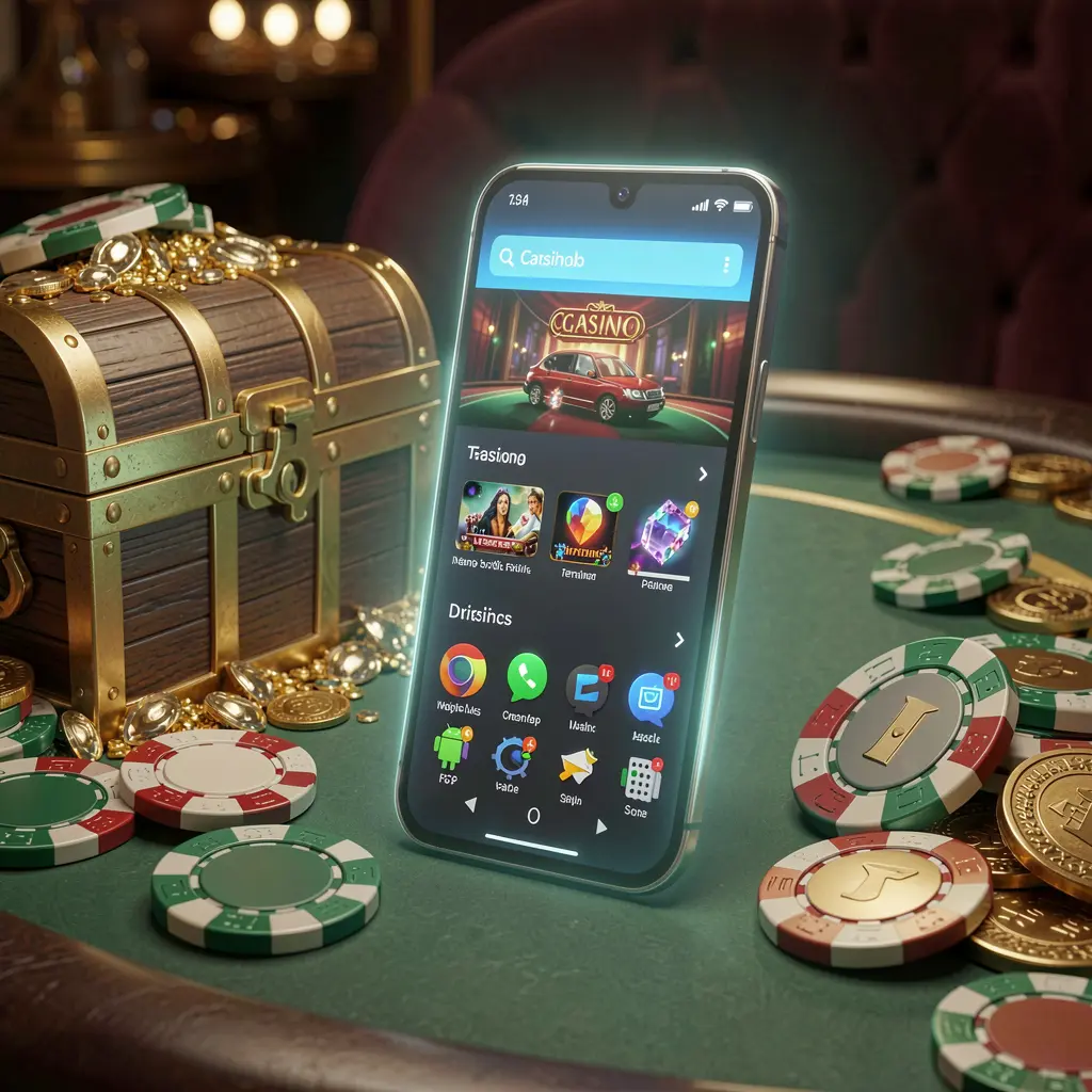 G880 Casino APK download scene featuring a glowing smartphone displaying an Android-style mobile app layout, with a treasure chest, chips, and coins nearby in a luxury 3D render