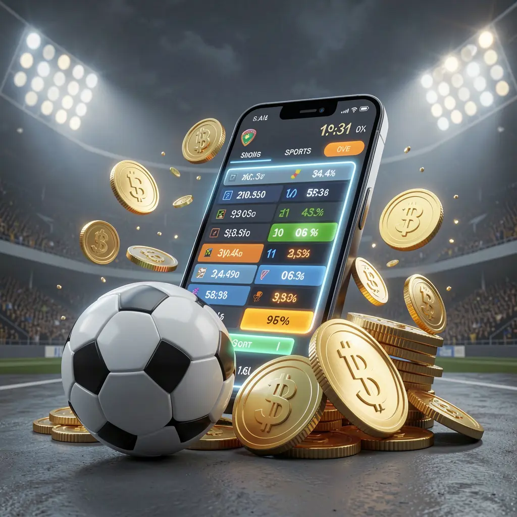 G880 modern football betting visual with smartphone displaying glowing sports odds interface, soccer ball, golden coins, and stadium lights in premium 3D illustration