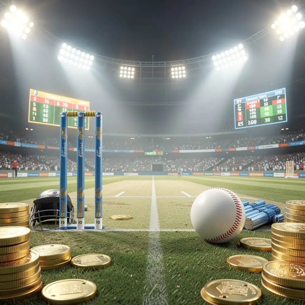 G880 live cricket betting scene featuring a cricket pitch under bright stadium lights with wickets, a ball, golden coins, and glowing odds panels in a cinematic realistic render