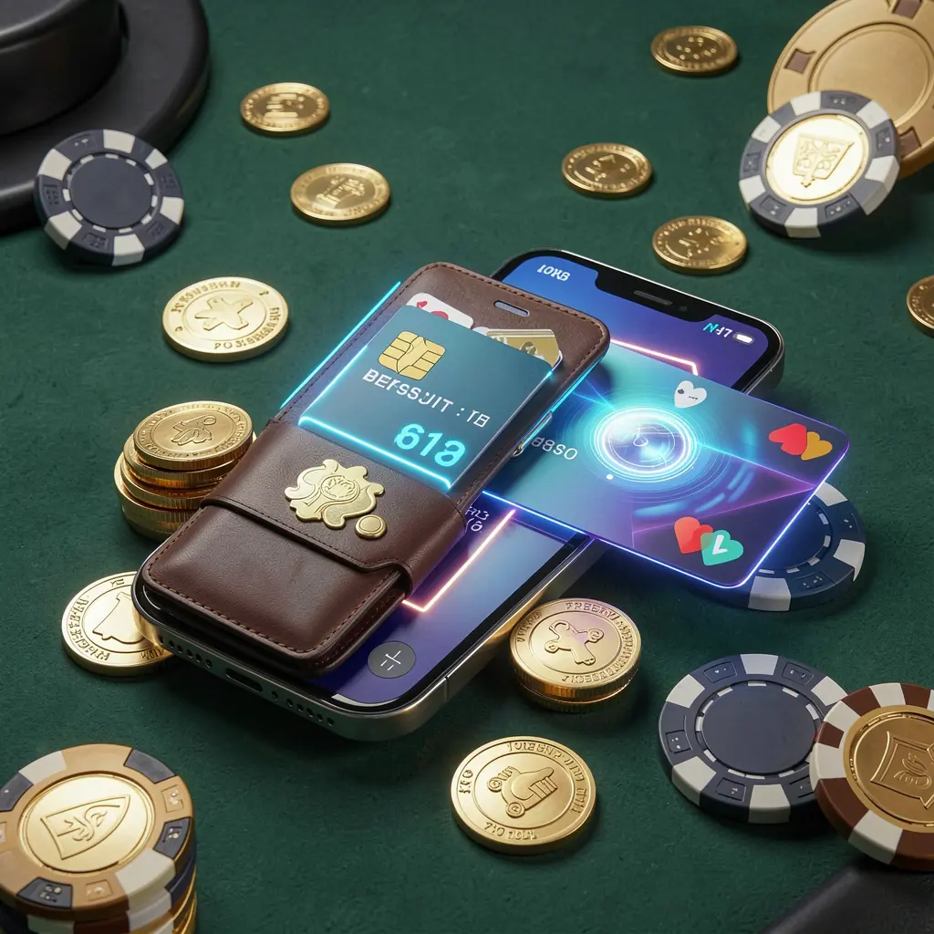 G880 deposit bonus concept showing a smartphone wallet with a glowing payment card, surrounded by golden coins and poker chips in a modern mobile casino style
