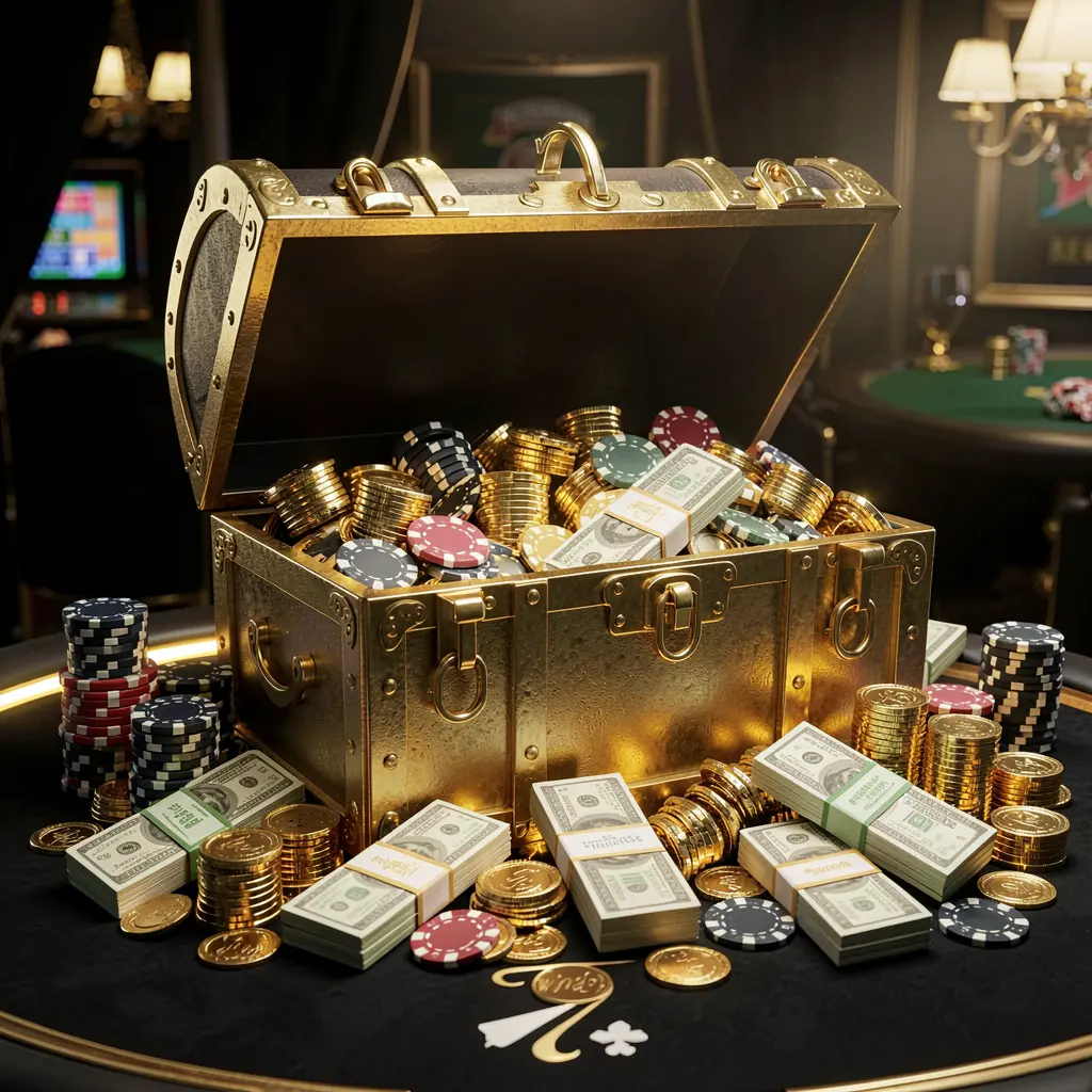 G880 casino rewards scene featuring a golden treasure chest overflowing with chips, cash bundles, and sparkling coins in an elegant black and gold style with dramatic lighting