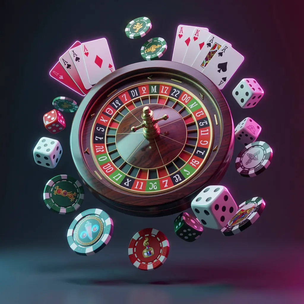 G880 online casino games collection featuring a neon glowing roulette wheel, blackjack cards, dice, slot symbols, and poker chips floating together in a premium 3D render