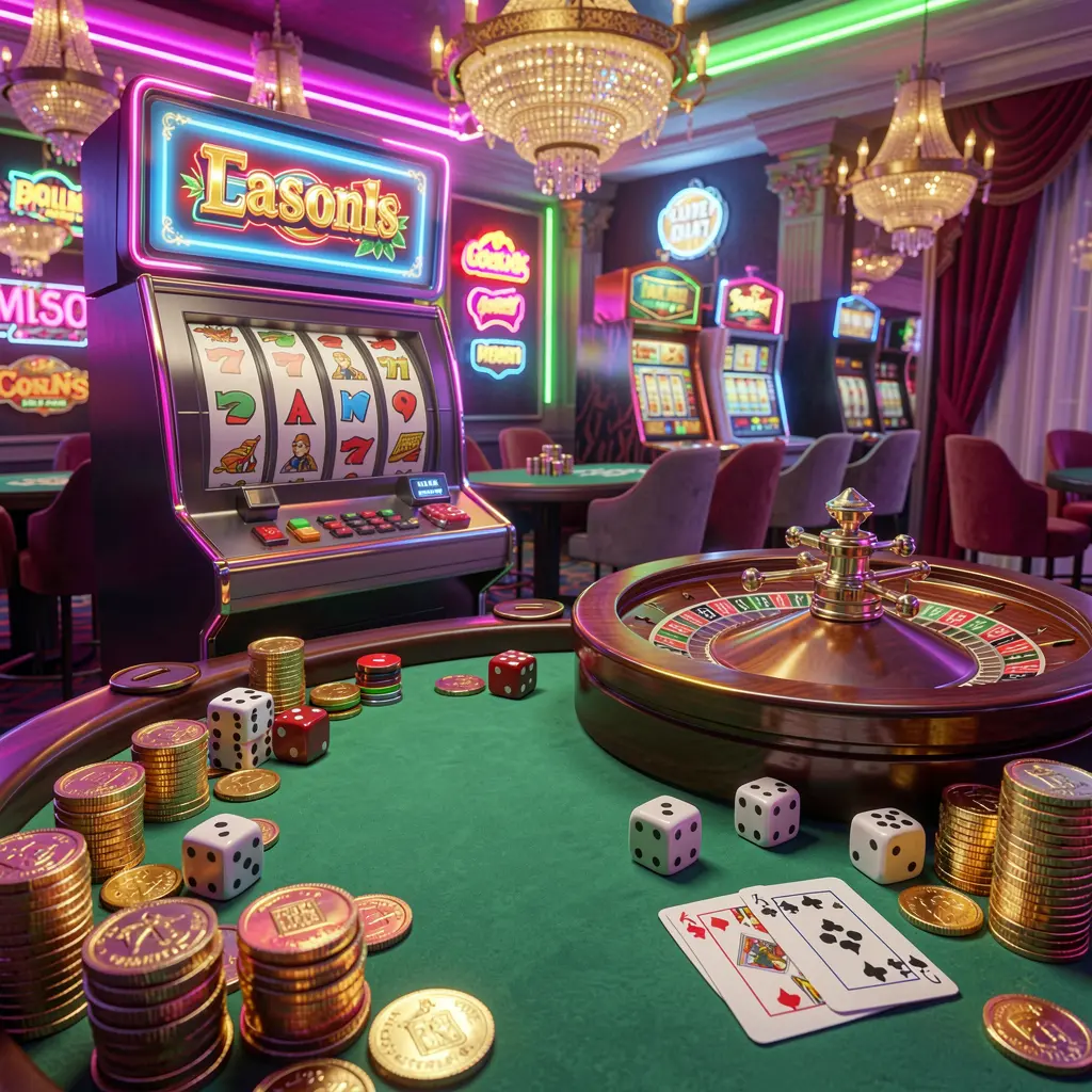 G880 casino entertainment scene featuring a slot machine, roulette wheel, dice, cards, and golden coins illuminated by colorful neon lights in an exciting premium atmosphere