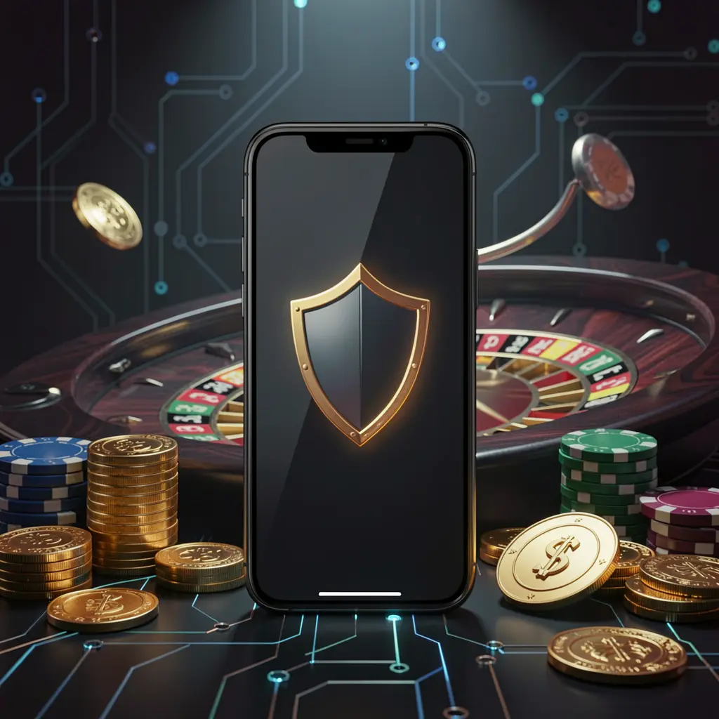 G880 secure mobile casino login screen showing a phone with a shield icon, roulette wheel, poker chips, and golden coins in a dark cyber luxury atmosphere