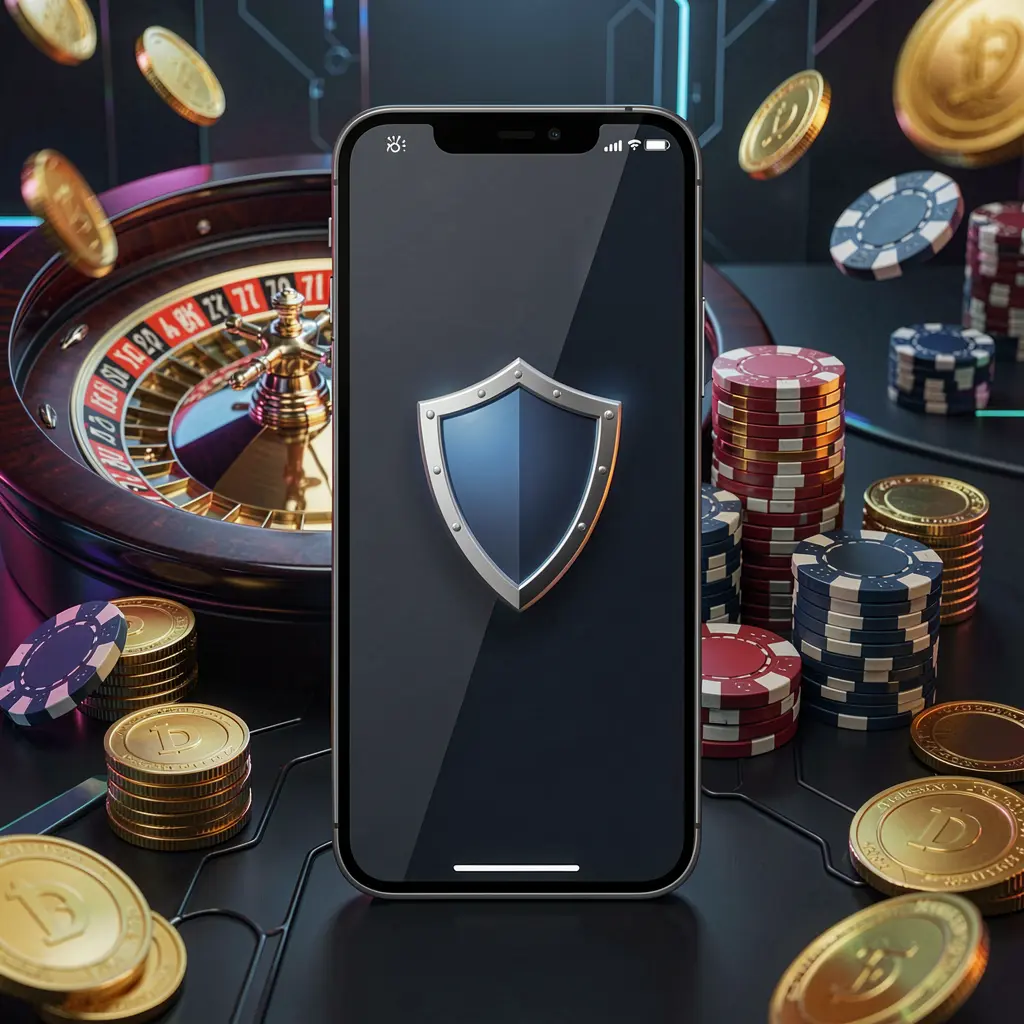 G880 secure mobile casino access showing a phone screen with a shield icon, roulette wheel, poker chips, and golden coins in a dark cyber luxury atmosphere