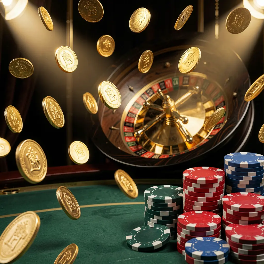 G880 online casino main page background featuring dramatic casino lights, golden coins flying, stacked poker chips in the foreground, and a roulette wheel behind in a luxury black and gold atmosphere
